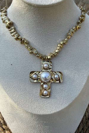 Manel | Necklace - Faux Pearl Cross