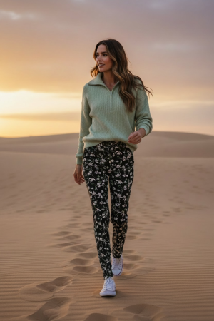 Manel | Leggings - Green Flower (Fleece Lined)