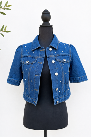 Manel | Denim - Cropped Pearl Embellished Top